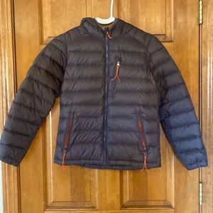 LL Bean Boys Hooded Downtek 650 jacket that is gray with orange trim.